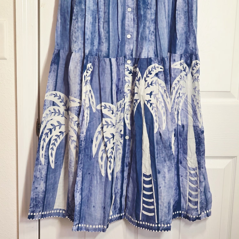 Be Boho Blue Button-Up Dress with White Palm Trees Small - Picture 3 of 6